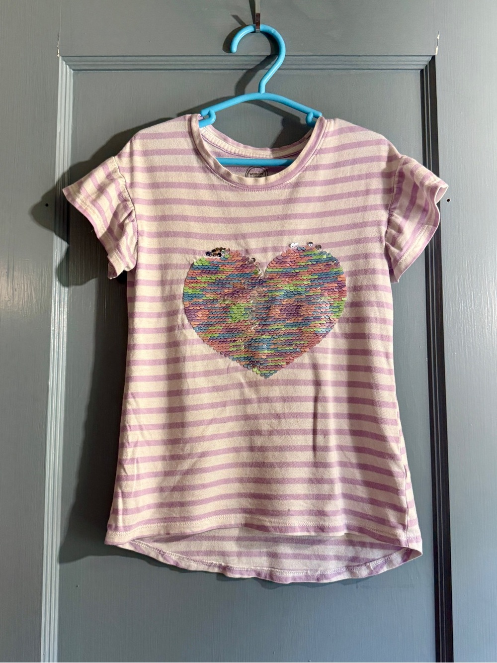 wonder nation Lavender and White Striped Tee with Multicolor Sequin Heart